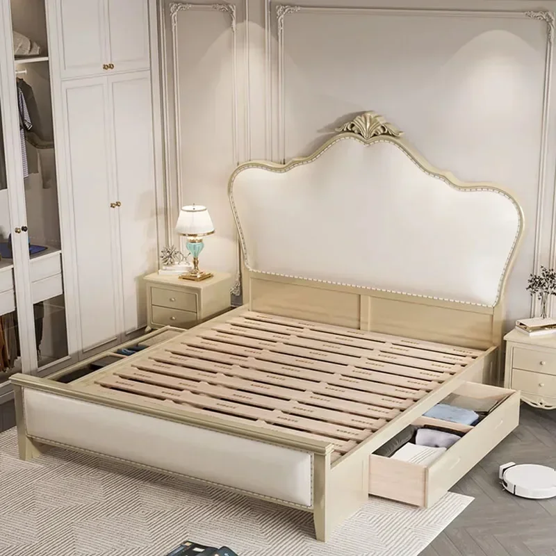#Aesthetic Wood Princess Bed Elegant Leather Luxury Storage Double Bed Modern Villa Princess Letto Matrimoniale Trendy Furniture