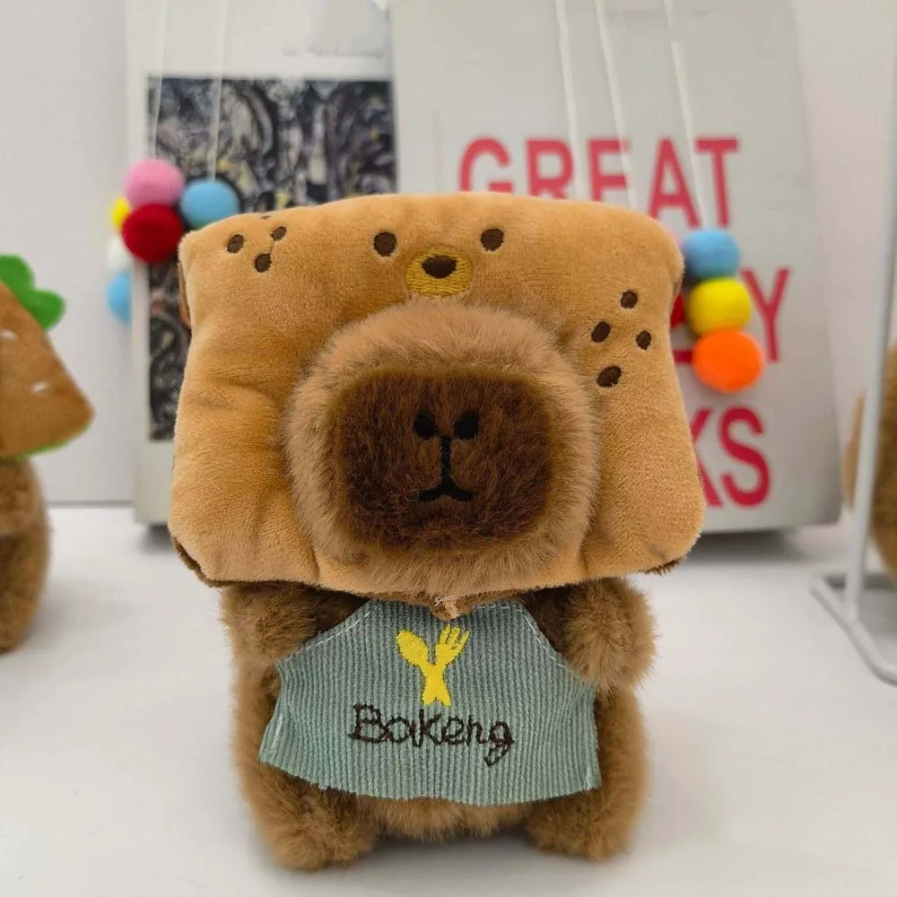 茶色の柔らかいベーキングカピバラキーホルダー、面白いパン、ドーナツ、動物ペンダント、毛皮のような漫画のぬいぐるみキーホルダー、女の子向け