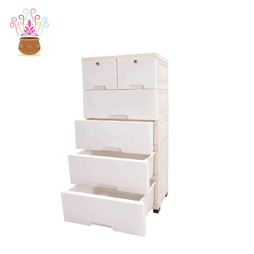 6 Drawer PP Storage Cabinet, 50x35x102cm White Injection Molded Floor Organizer, Lockable Upper Drawers Anti-drop Snap Rounded Safe Edge For Bedroom Nursery Toy Sorting