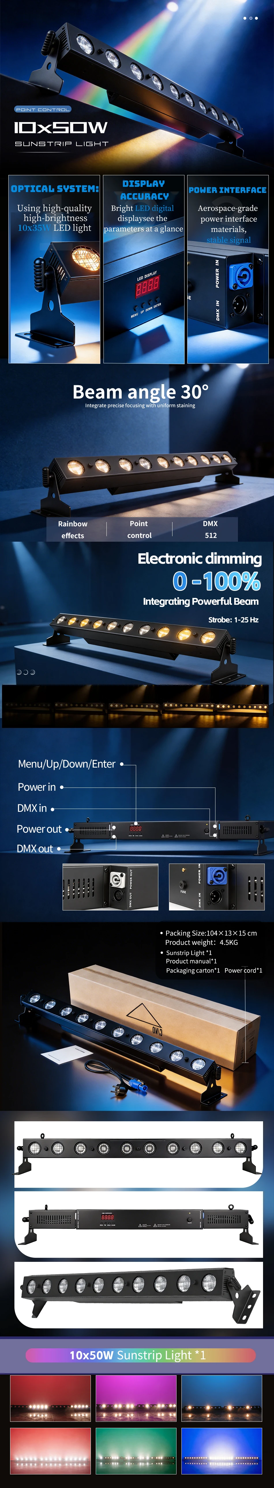 aicpose 10x50W Sunstrip Bar-Licht, warmweiß, 450W Leistung, Aluminiumgehäuse für Nachtclubs, Bars, Hochzeiten – Detail 1