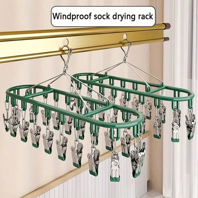 Clothes and socks drying rack, stainless steel underwear dryer washing rack with windproof hook for hanging towel bra gloves clo