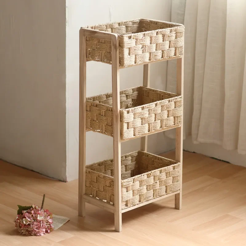 Handwoven Solid Wood Bookshelf Living Room Storage Rack for Books Toys and Sundries Natural Wooden Shelf for Dining Room