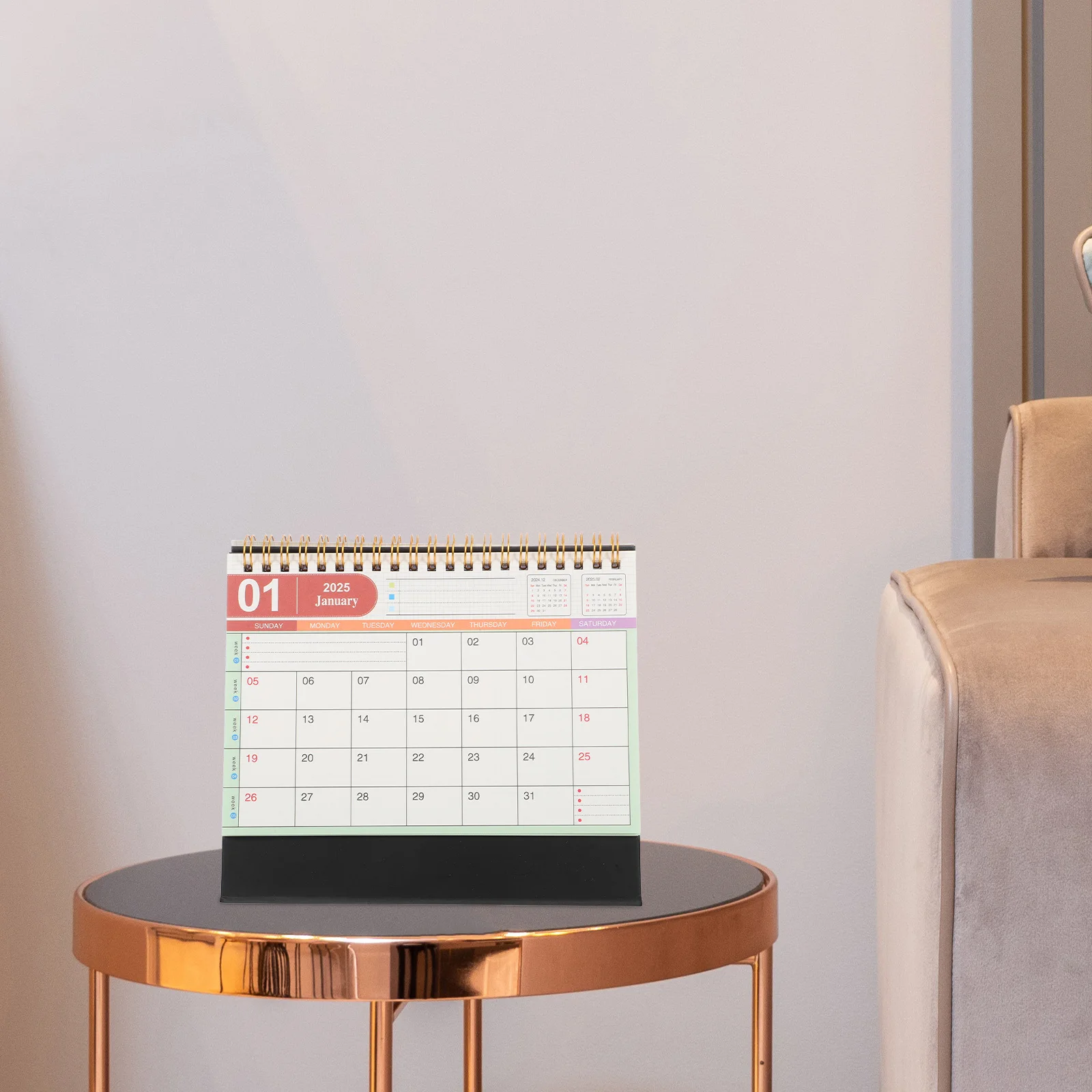 2025 Calendario da tavolo con vibrazione in piedi Anno del serpente Calendario da tavolo mensile rilegato ad anello in metallo per spazio di lavoro scolastico domestico in ufficio