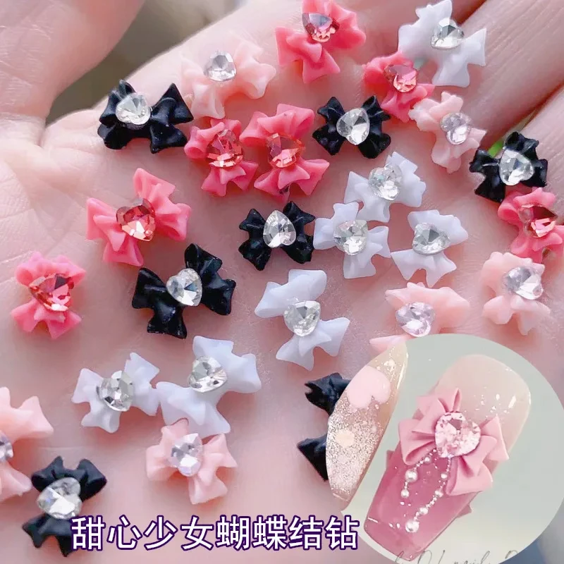 20Pcs Resin Ribbon Bow Kawaii Nail Charms Super-Shinying Love Heart Diamond 3D White Pink Bowknot DIY Girl Manicure Bowk Parts