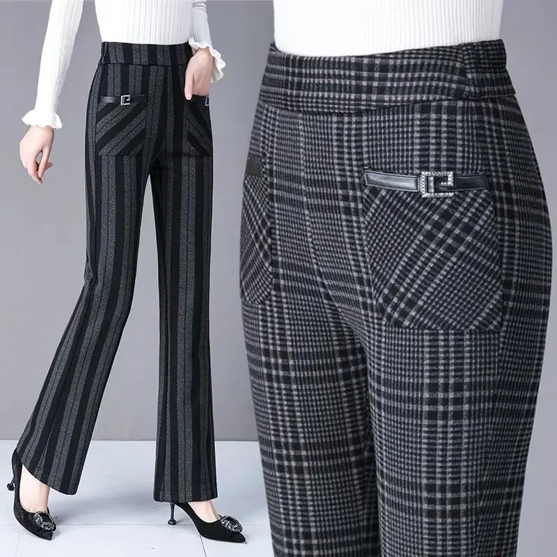Office Lady Vintage Korean Fashion spodnie Flare wiosna jesień elastyczny, wysoki stan szykowny kieszeń luźne damskie proste spodnie na co dzień