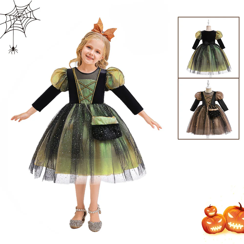 

Korean Style Kids Halloween Cosplay Girl Shiny Puff Sleeve Princess Dress Carnival Masquerade Party Stage Performance Ball Gowns