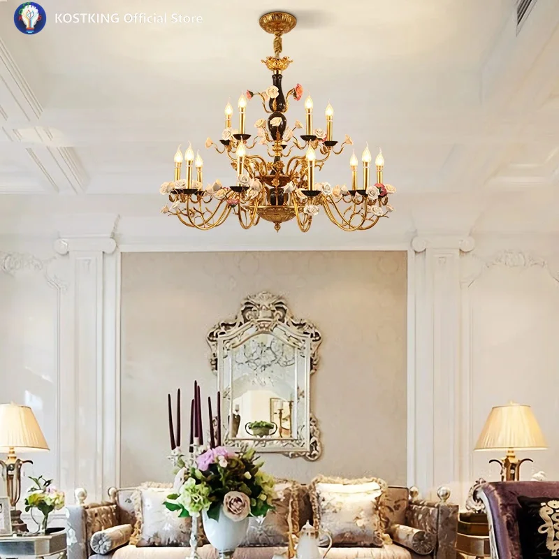 Luxury French Vintage Brass Chandelier With Ceramic Lantern Design, Perfect For Weddings