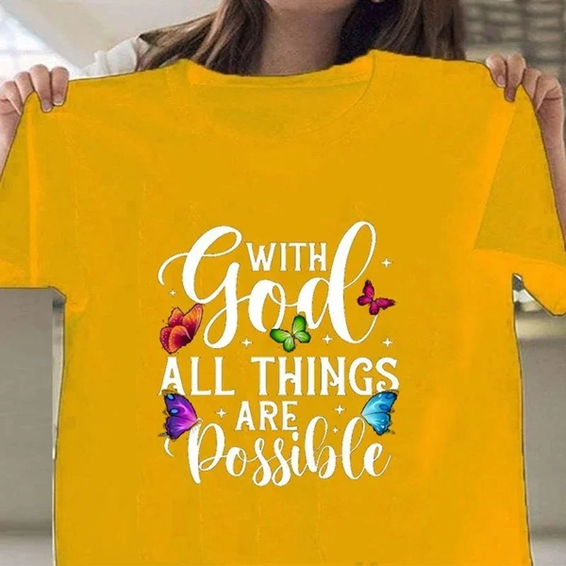 With God All Things Are Possible Letter Print Women T Shirt Short Sleeve O Neck Loose Women Tshirt Ladies Tee Shirt Tops Mujer