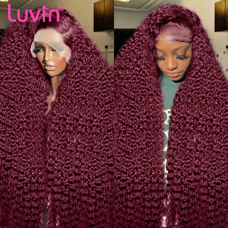 Luvin 250% 30 32 Inch 99J Burgundy Curly 13x4 Lace Front Wigs Remy Deep Wave 13x6 HD Transparent Lace Frontal Wig For Women