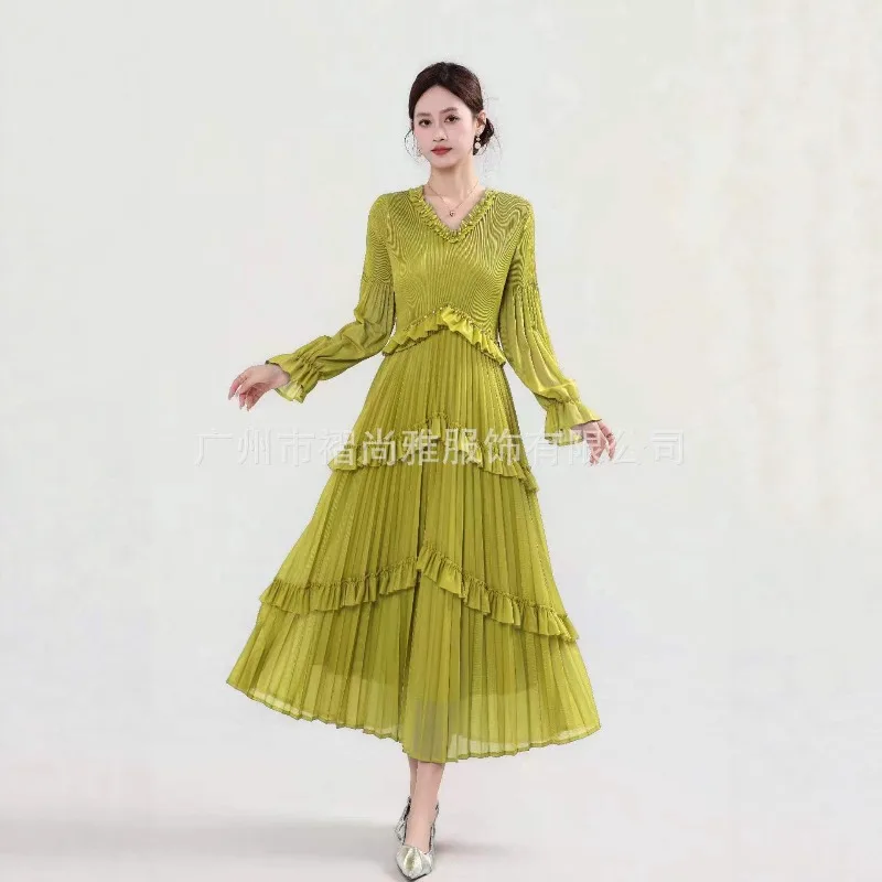 

Miyake плиссированное женское новое платье, простое модное длинное платье с лацканами и длинными рукавами, эластичное длинное платье большого размера, европейское