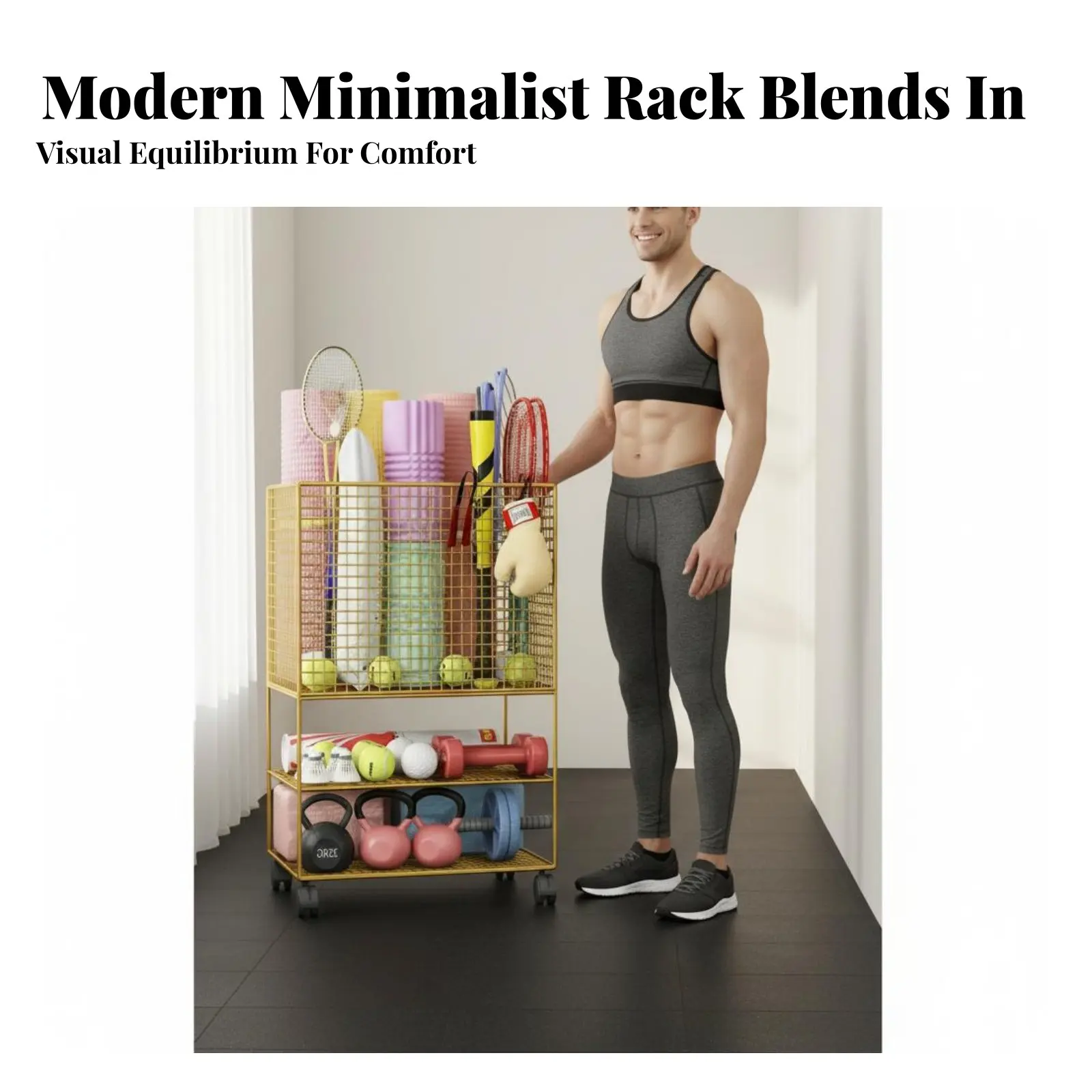 

Стойка для хранения ковриков для фитнеса на колесиках, держатель для ковриков, органайзер для домашнего спортзала, компактный дизайн, передвижная тележка для фитнеса