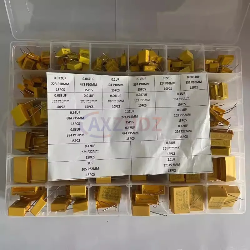 315pcs/Lot Polypropylene Film X2 Safety Capacitor Assorted Kit 275VAC 21Values 102K-225K 1NF-2.2UF Sample Set 0.33 0.47 0.68uF
