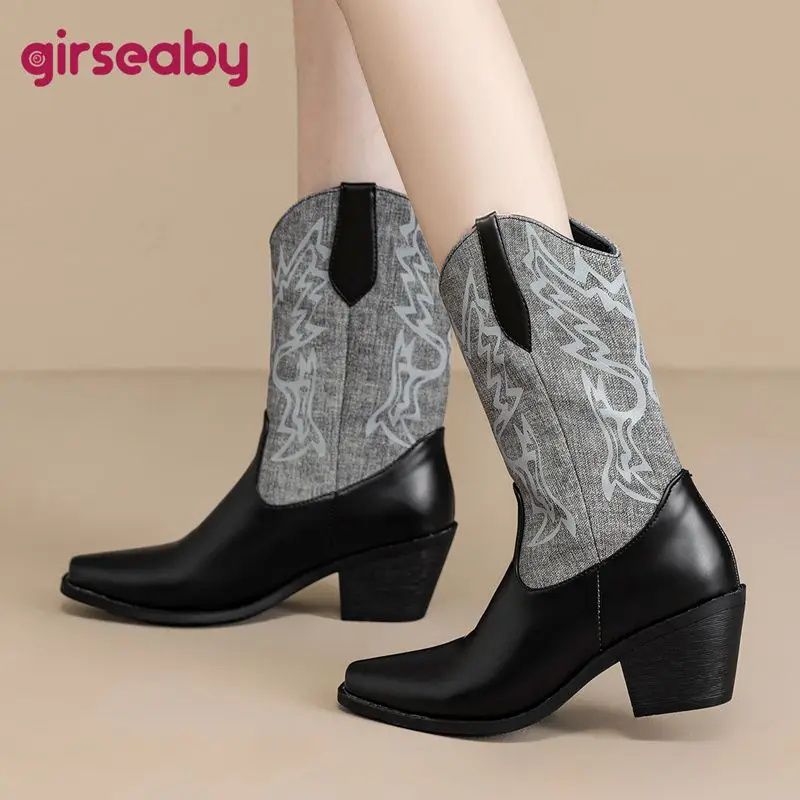 

Girseaby модные женские сапоги в стиле ретро в стиле пастушки в стиле вестерн с квадратным носком 6,5 см, без шнуровки на толстом каблуке, разноцветные, расширенный размер 43-46, бежевый