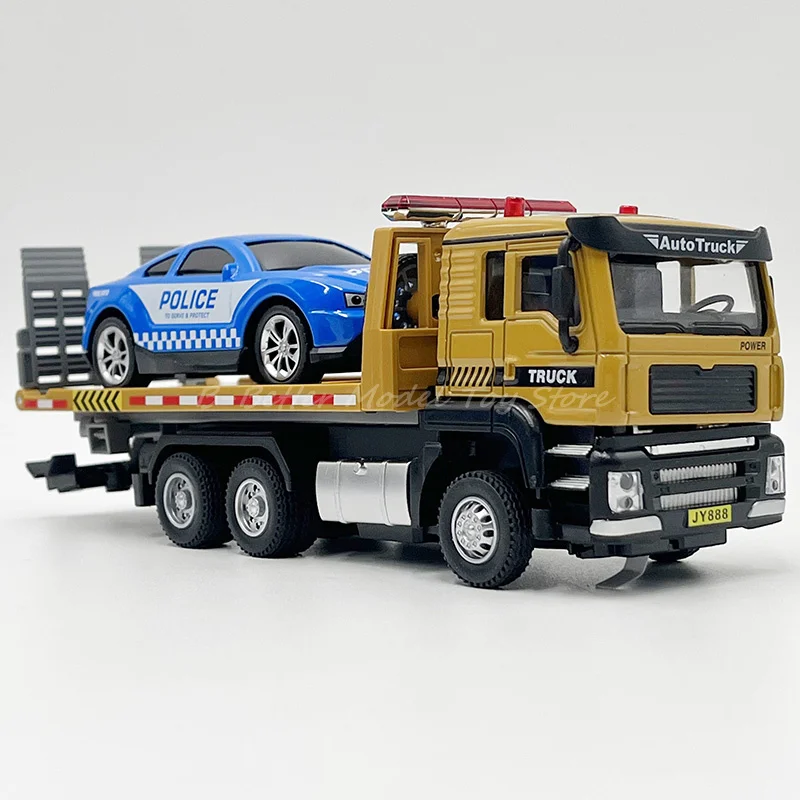 1:50 Diecast Truck Model Toy Flatbed Traffic Rescue Wrecker With Police Car Miniature Replic With Sound & Lights