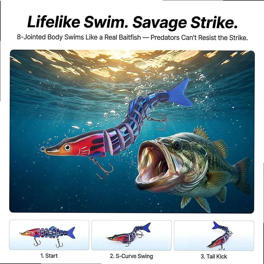 Multi Jointed Pike Bait 8 Segments Lifelike Sinking Lure 3/5/10 Pack Rattle 3D Eyes for Bass Pike in River Current