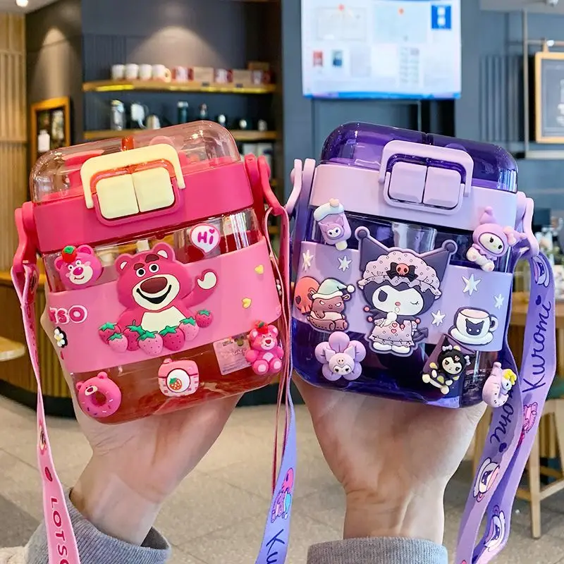 산리오 대용량 물병, 귀여운 헬로 키티 쿠로미 시나모롤 투명 플라스틱 주전자, 빨대 휴대용 컵 선물, 600ml