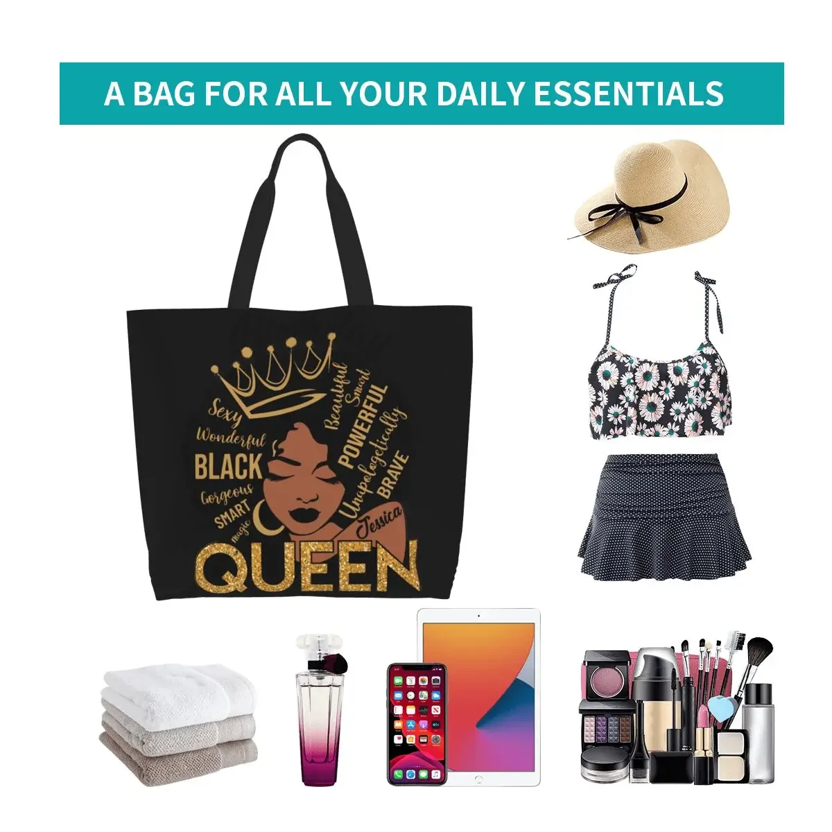 Cute Birthday Queen Black Women Shopping Tote Bags Reusable Grocery Canvas Shopper Shoulder Bag