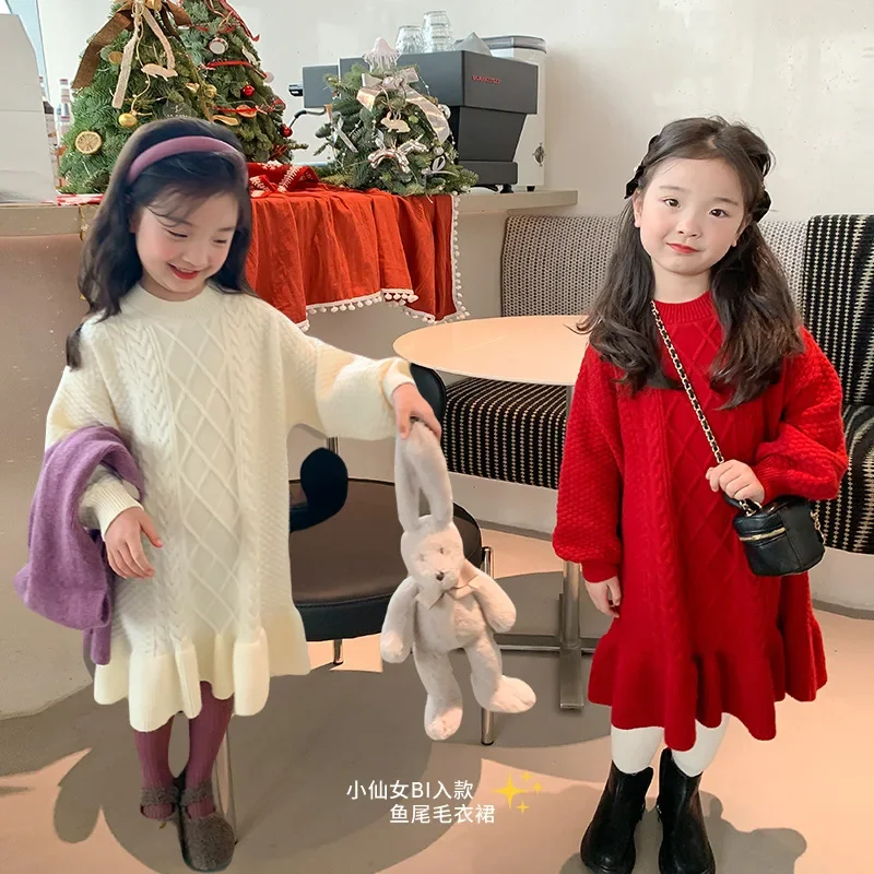 

Winter Children'S Clothing Girls New Year Temperament Twist Knitted Fishtail Dress Sweater Tide