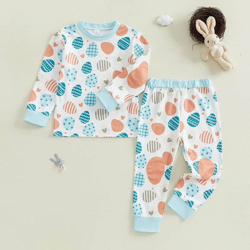 Cute Toddler Girl Pajama Set with Bunny Print Long Sleeve Round Neck Tops and Pants Sleepwear for Kids