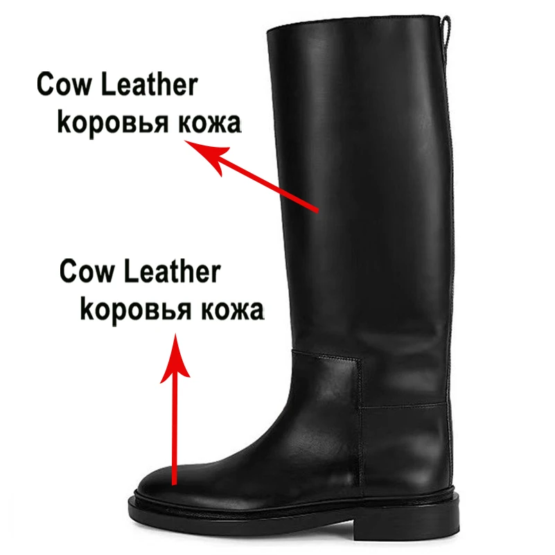 Meotina Women Genuine Leather Knee High Boots Round Toe Flat Fashion Ladies Brand Design Long Boot Autumn Winter Shoes Black 43