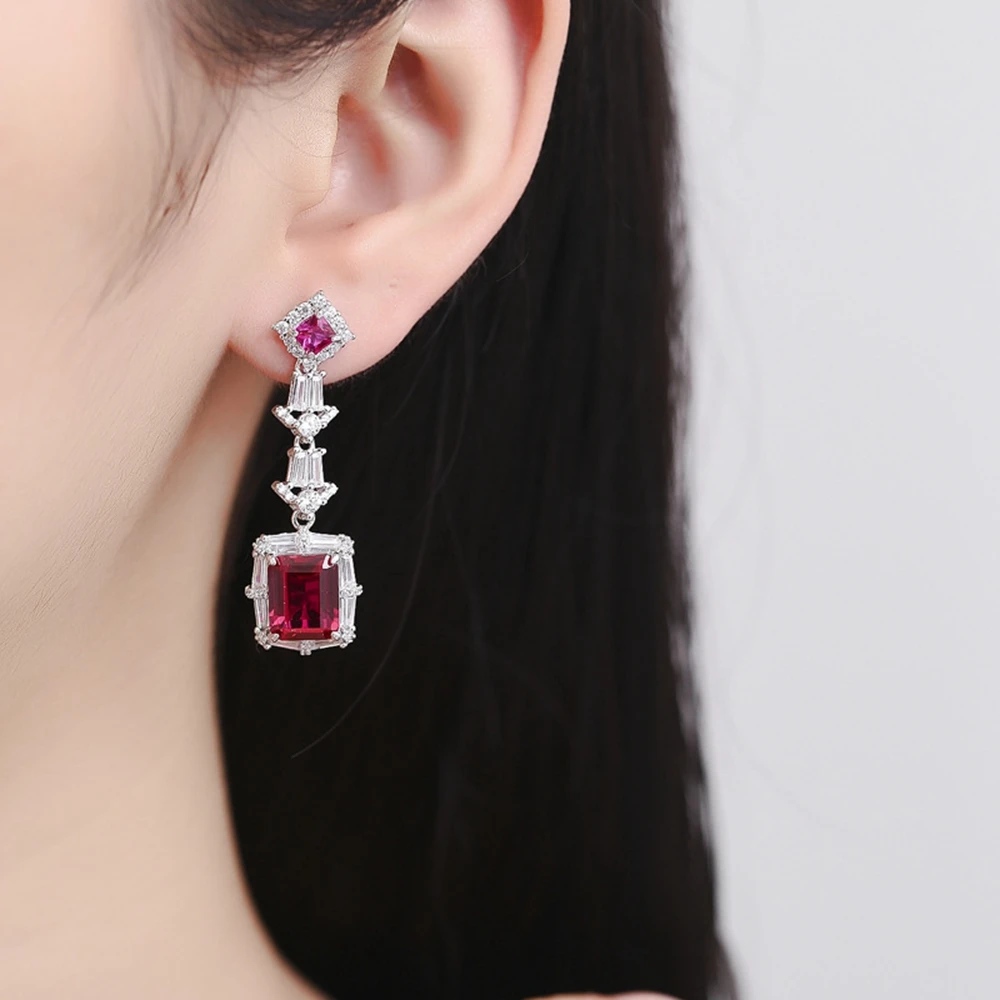 Wong Rain Vintage 100% 925 Sterling Silver 8*10MM Emerald Cut Ruby High Carbon Diamond Gemstone Drop Earrings Party Fine Jewelry