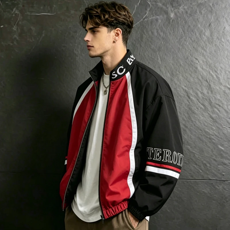 UETEEY Men American Style Letter Bomber Jacket Stand Collar Windproof Coat Retro Motorcycle Baseball Varsity Outerwear Man