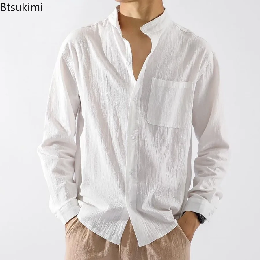 New 2025 Autumn Men's Cotton and Linen Solid Color Shirts with Pocket Fashion Trend Casual Loose Long Sleeves Cardigan for Men