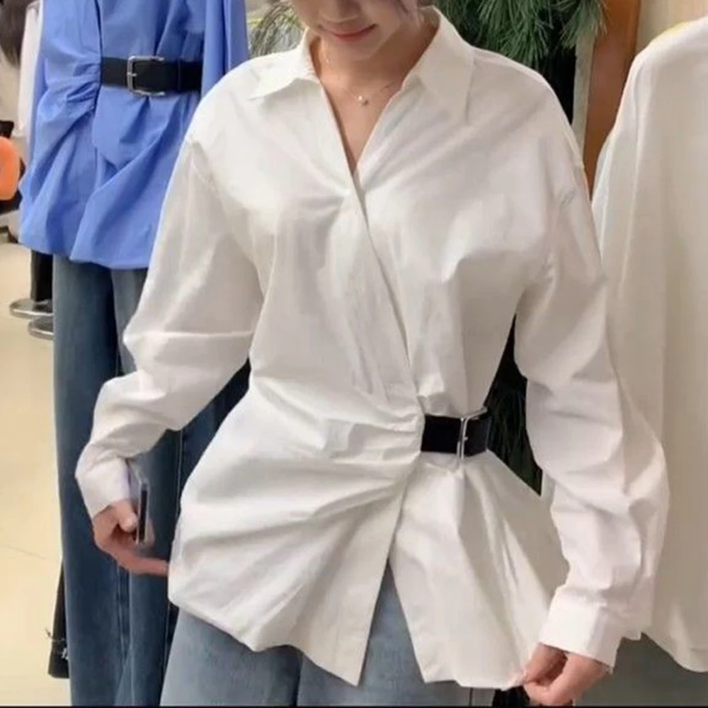 

Korean version of the design sense Polo collar belt waist thin long-sleeved shirt women's 2025 new chic top shirt