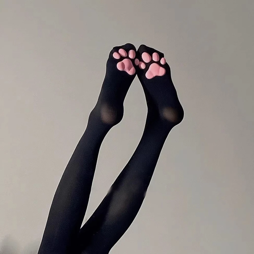 Kawaii Cat Paw Pink And Black Over Above Knee 3D Kitten High Socks Japanese Style Women Cosplay Stockings for Girls JK Socks
