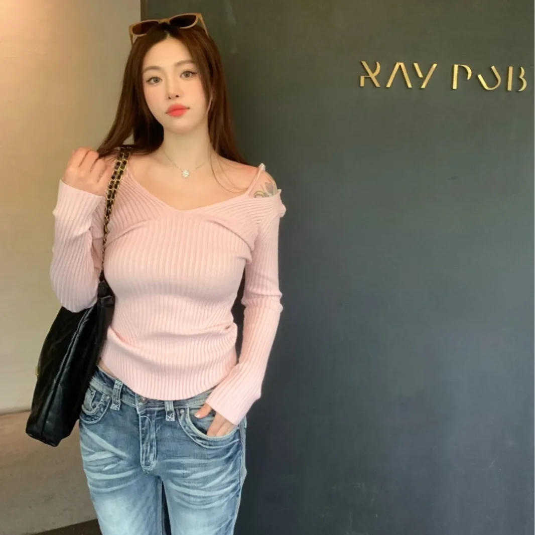 

Spring Autumn New Pink Sweaters Fake Two Piece V-neck Pullovers Slim Fit Long Sleve Knitted Tops Women