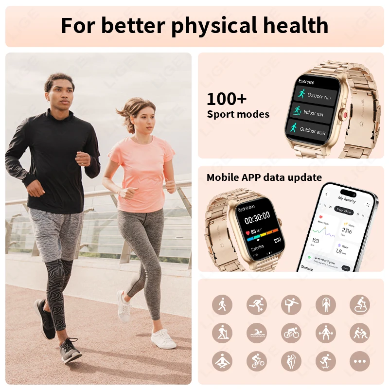 LIGE 1.85 นิ้วหน้าจอHDผู้หญิงSmartwatchผู้ชายกีฬาฟิตเนสIP67 กันน้ําบลูทูธนาฬิกาสุขภาพสมาร์ทนาฬิกา 2024