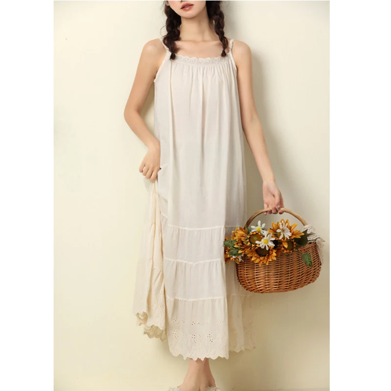 Mori Girl Kawaii 화이트 살구 코튼 수 놓은 케이크 드레스 여성 의류 새로운 느슨한 바닥 겉옷 서스펜더 드레스 K043
