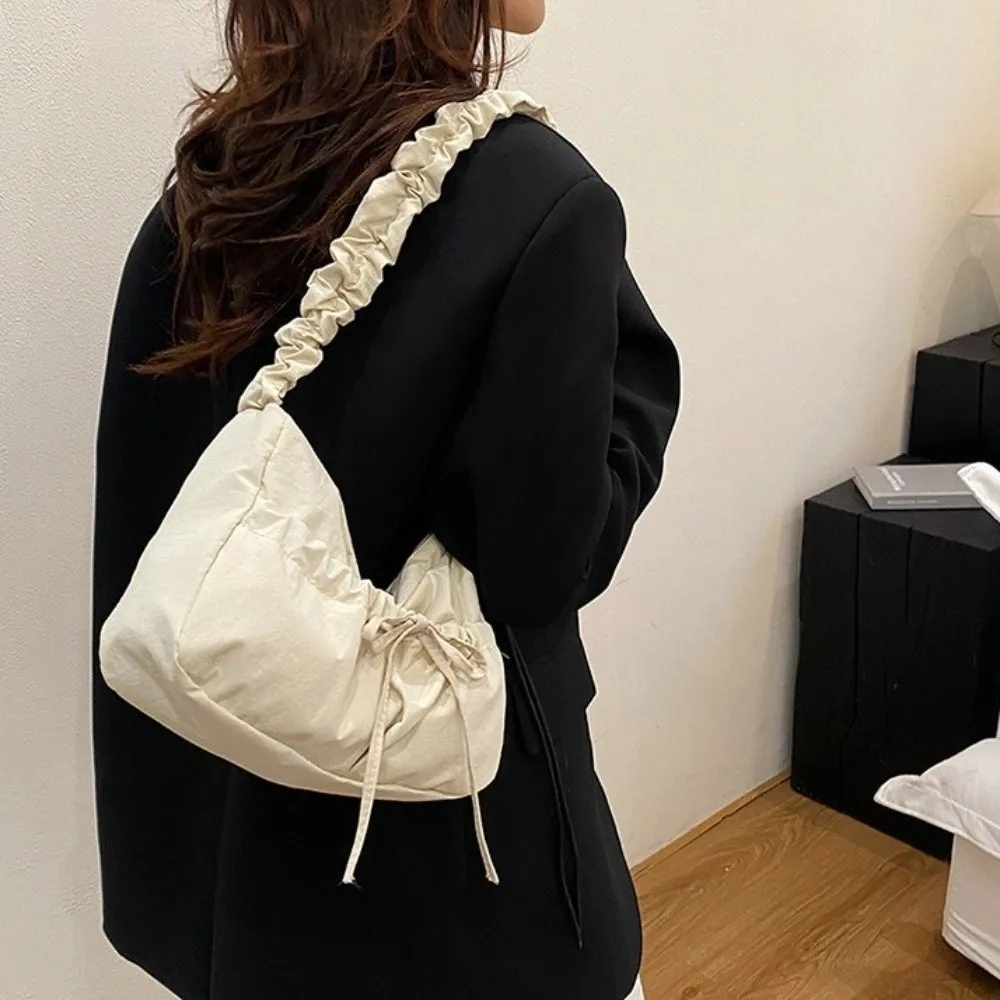 

Sweet Nylon Bow Pleated Bag Drawstring Adjustable Pleated Shoulder Bag Kroean Style Solid Color Women's Handbag Lady