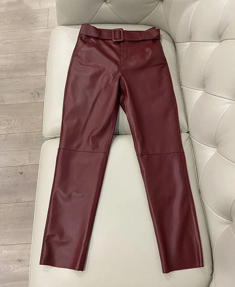 Korean Fashion Cargo Pants Women High Waist 2025 Spring New Genuine Leather Pants Slim With Belt Luxury Streetwear Trousers