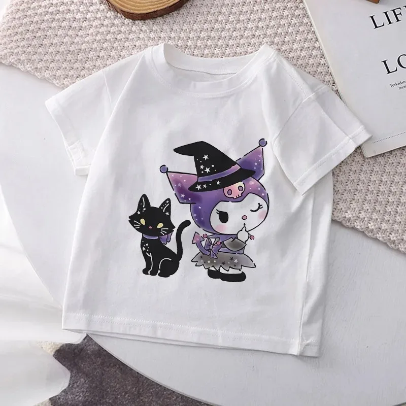 Kuromi Children's T-shirt Kawaii Sanrio Anime T Shirts Cinnamoroll Melody Cartoons Casual Clothes Y2k Tee Shirt Kid Girl Boy Top