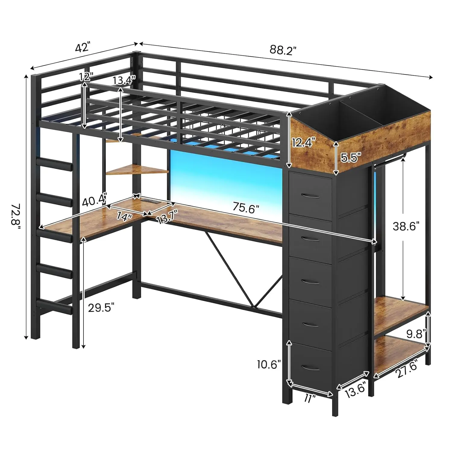 Loft Bed Twin Size with Hall Tree, Charging Station and LED Lights, Metal Loft Bed with L-Shaped Desk, 5 Storage, Customized
