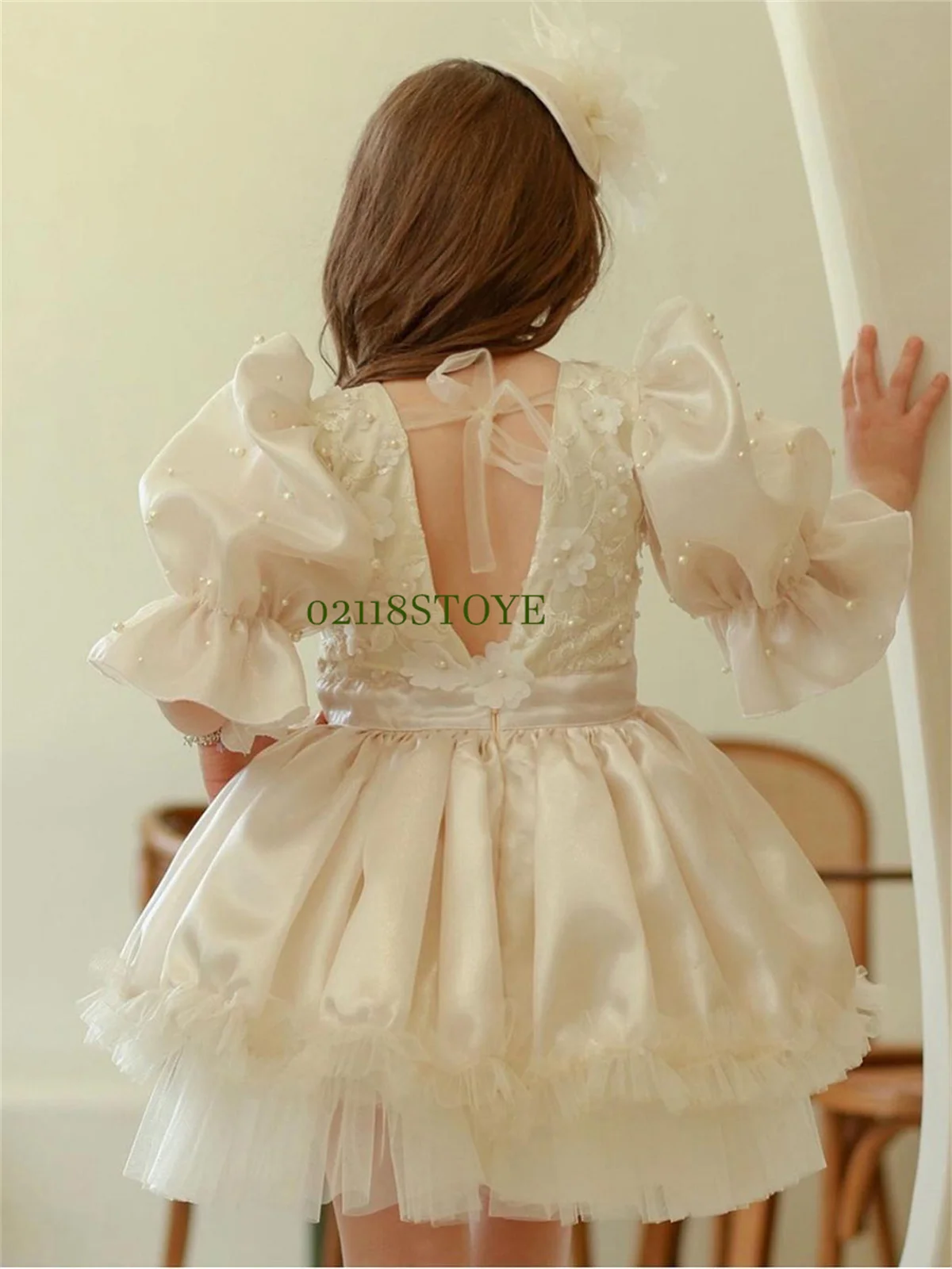 

V-Neck Flower Girl Dresses Wedding Appliques Beading Pleat Half Sleeve Ball Gown First Communion Tulle Dress for Kids Party