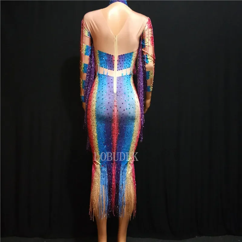 Colorful Tassel Rhinestones Stretch Long Dress Women Stars Singer Stage Wear Prom Birthday Celebration Dresses Nightclub Costume