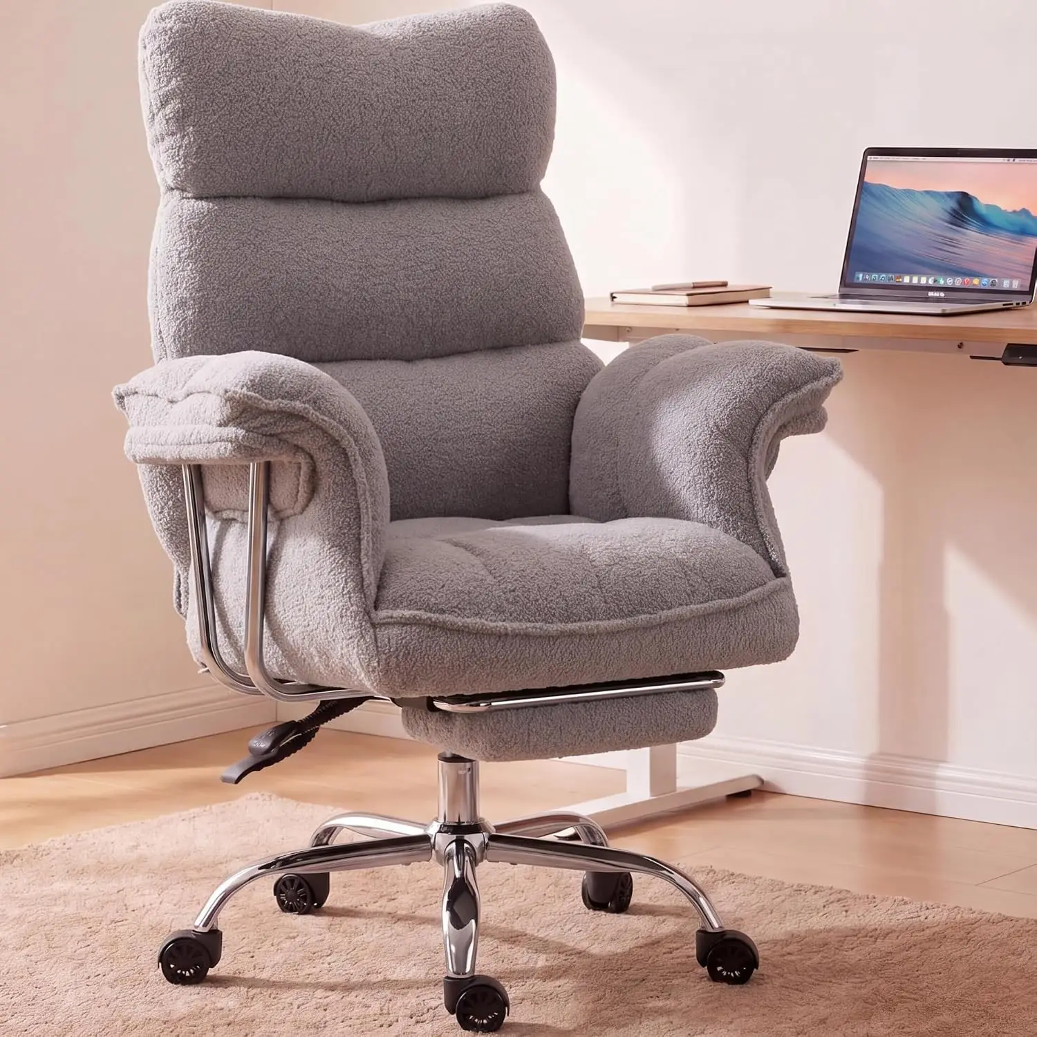 Ergonomic Office Chair Wide Seat Thick Cushion High Back Reclining Teddy Fleece Criss Cross Chair With Footrest Gray, Customized