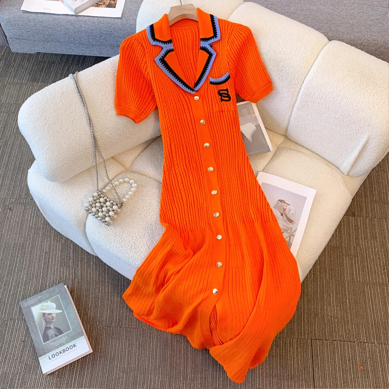 

YuooMuoo Women Dress 2024 New Arrival Short Sleeve Notched Knitted Maxi Dress Elegant Lady Slim Waist Sweater Dress Robes Femme