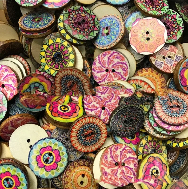 Retro Multi-Pattern Printing Wooden Round Buttons for Clothing, Scrapbook, DIY Home Sewing Accessories, 15mm, 20mm, 25mm, 50Pcs