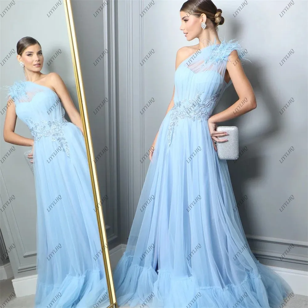 LIYYLHQ Elegant Sweetheart Prom Dress Sky Blue One-Shoulder High Split Evening Dress Long Pleated Tulle Boned vestido Formal Par