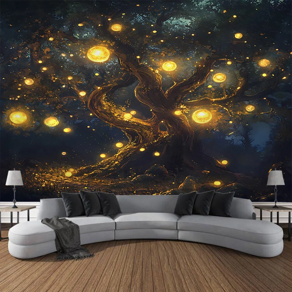 Dreamy Tree Night Sky Tapestry, Hanging on the Wall, Starry Moon Background Cloth, Bedroom Living Room Decoration Poster