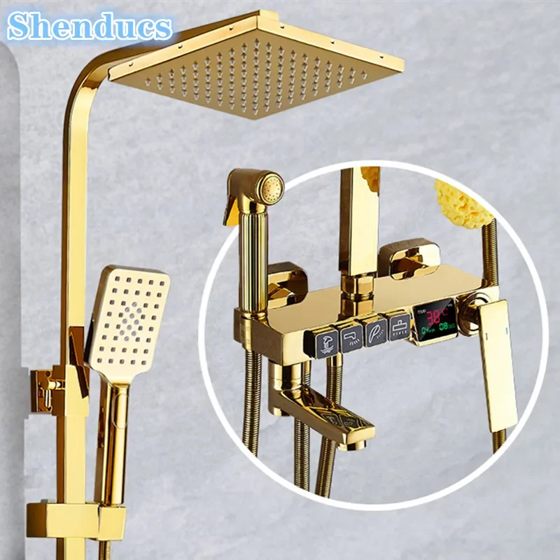 

Hot Cold Digital Bathroom Shower System for Bathroom Accessories 12 Inch Rain Shower Head Gold Thermostatic Bathroom Shower Set