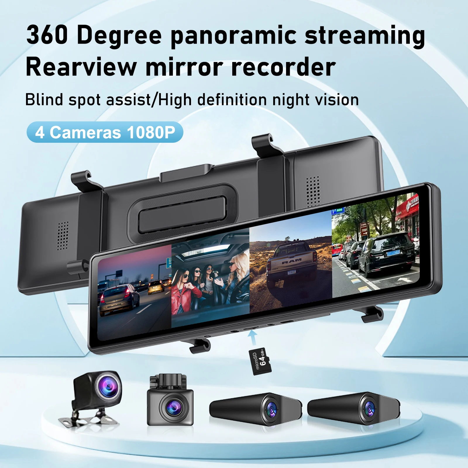 Adinakm 4CH 12 Inch Rearview Mirror Dash Cam 4K Front,Rear and Side(Left Right) FHD 3*1080P Blind Spot Assist WDR WIFI G-sensor