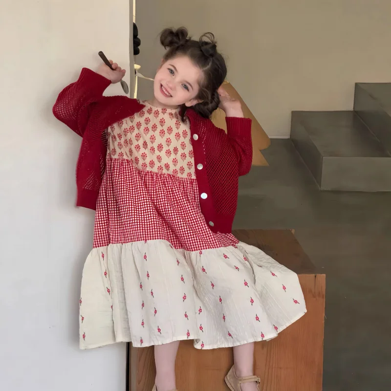 

Girls' Dress Set26Spring and summer new children's versatile hollow-out cardigan with floral patchwork and pastoral style dress
