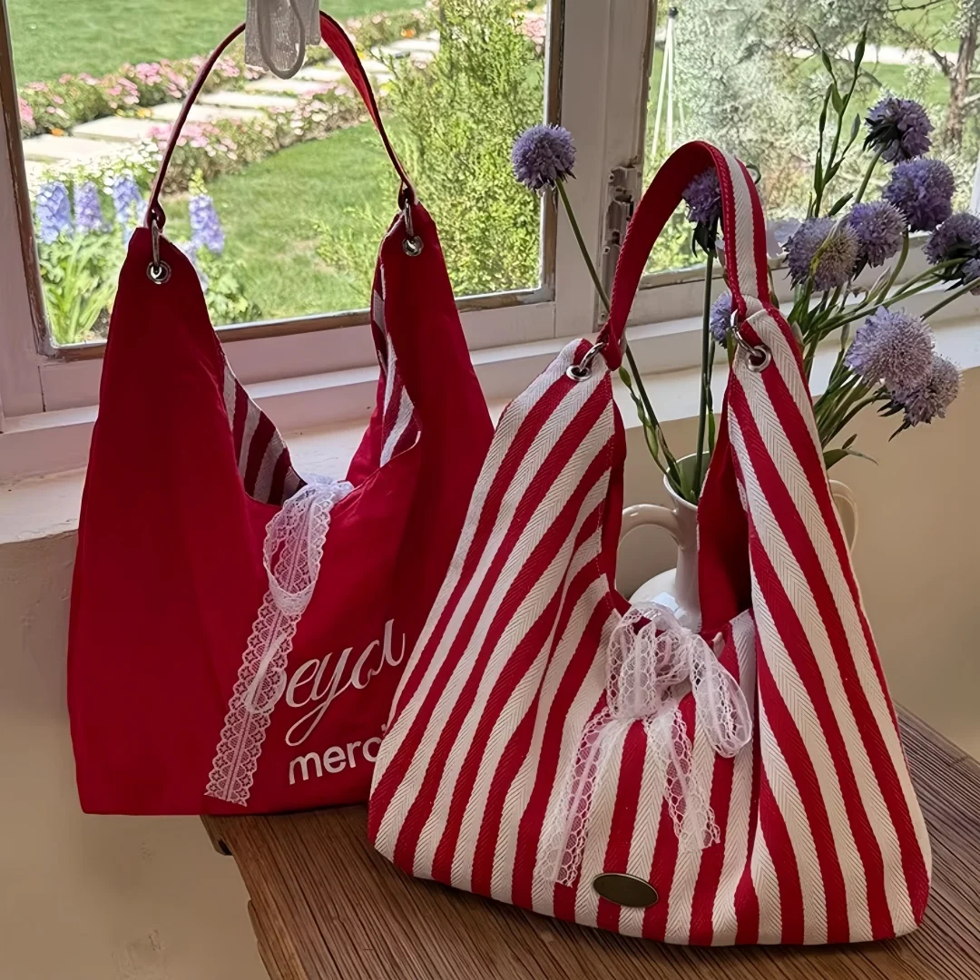 Double Sided Women Handbag Striped Solid Color Shoulder Bag with Lace Bow Large Capacity Tote Bag Casual Daily Commute Travel