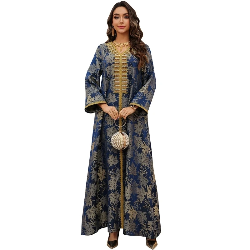 Satin Ramadan Party Dress for Women Mulsim Abaya V Neck Diamond Jalabiya Dress Maxi Robe Moroccan Caftan Party Vestidos