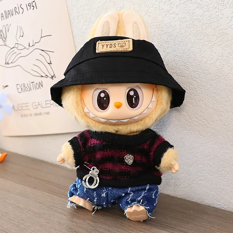 For 15/17cm Labubu Mini Striped Clothing Jeans Hats Shoes Bag Cool Handsome Set Labubu V1 V2 Clothes Outfit Accessories Gift - Image 4