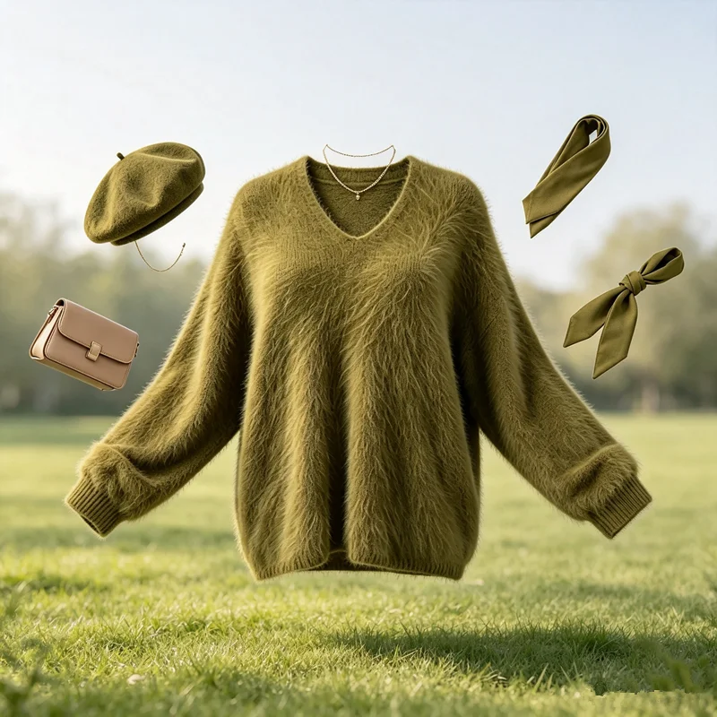 Ladies Women Autumn Winter Fashion Hairy Angora Rabbit Hair Knitted V-Neck Long Sleeves Loose Pullover Sweater Jumper Pull Tops